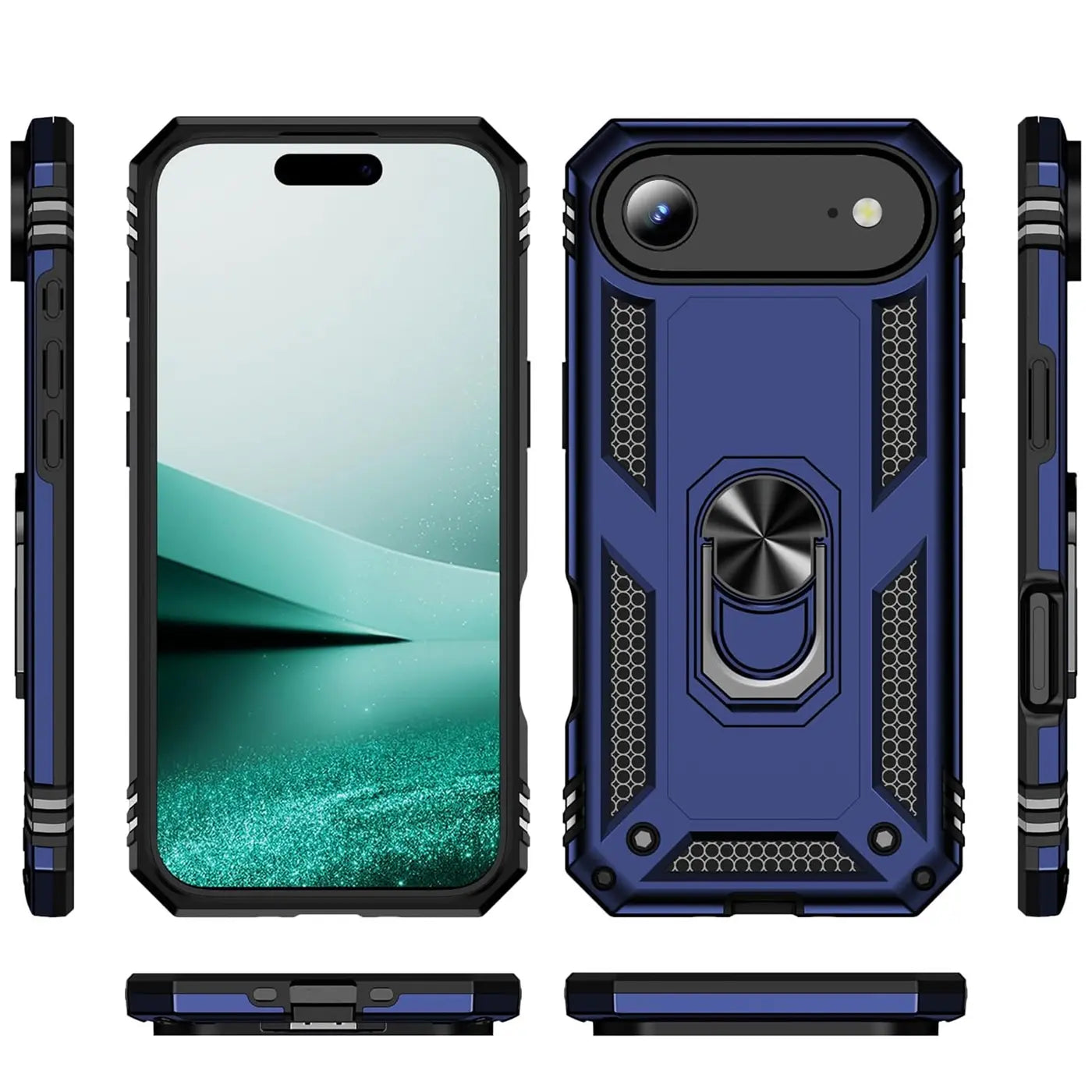 Blaue Hülle mit Ringhalter, verschiedene Ansichten, für iPhone 17 Air.
