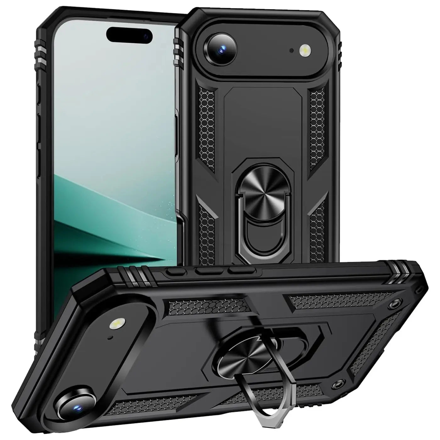 Schwarze Handyhülle aus Kunststoff mit Ringhalter, drei Ansichten, iPhone 14 Pro Max.