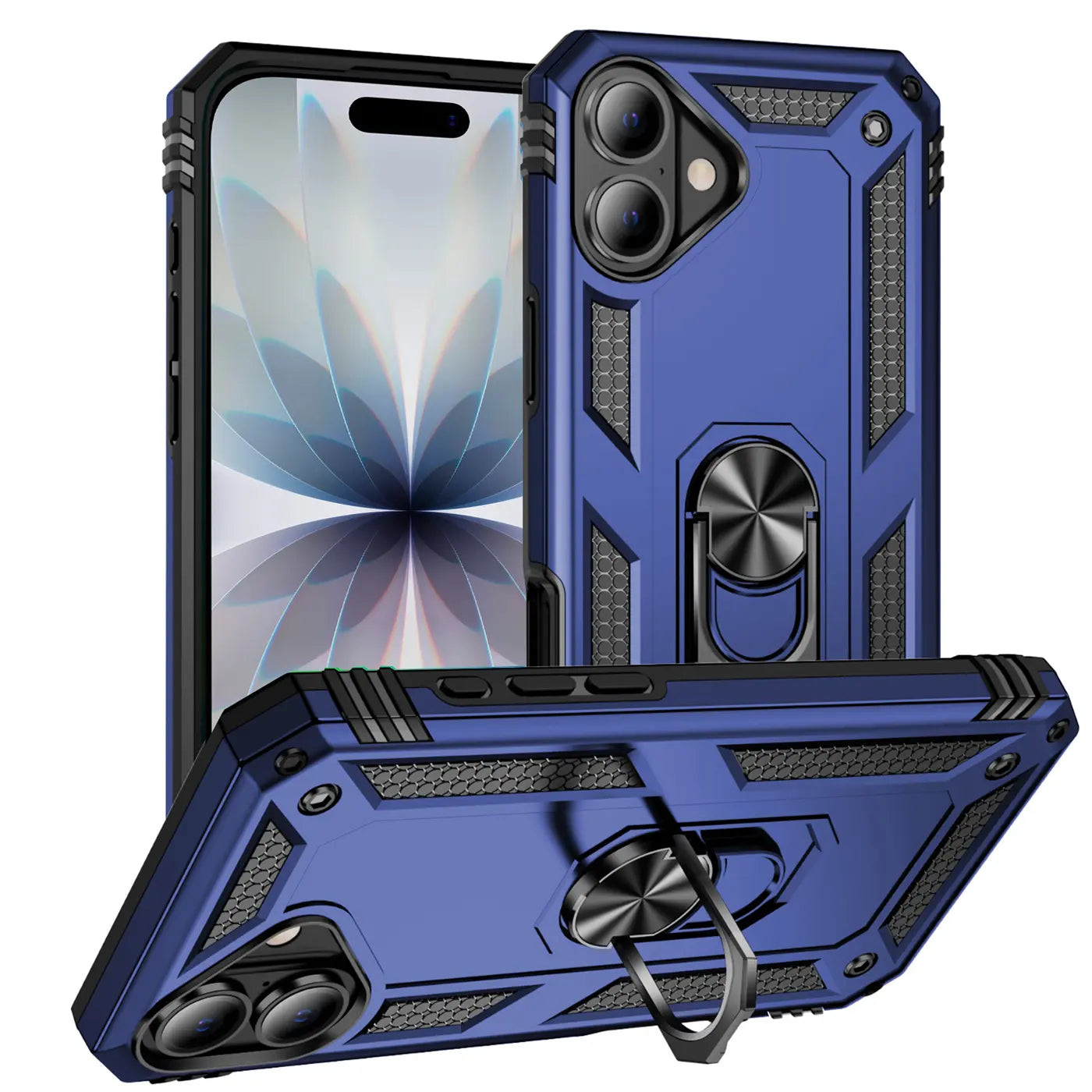 Blaue Hülle mit Ringhalter für iPhone 17, aus Kunststoff, aus drei Winkeln gezeigt.