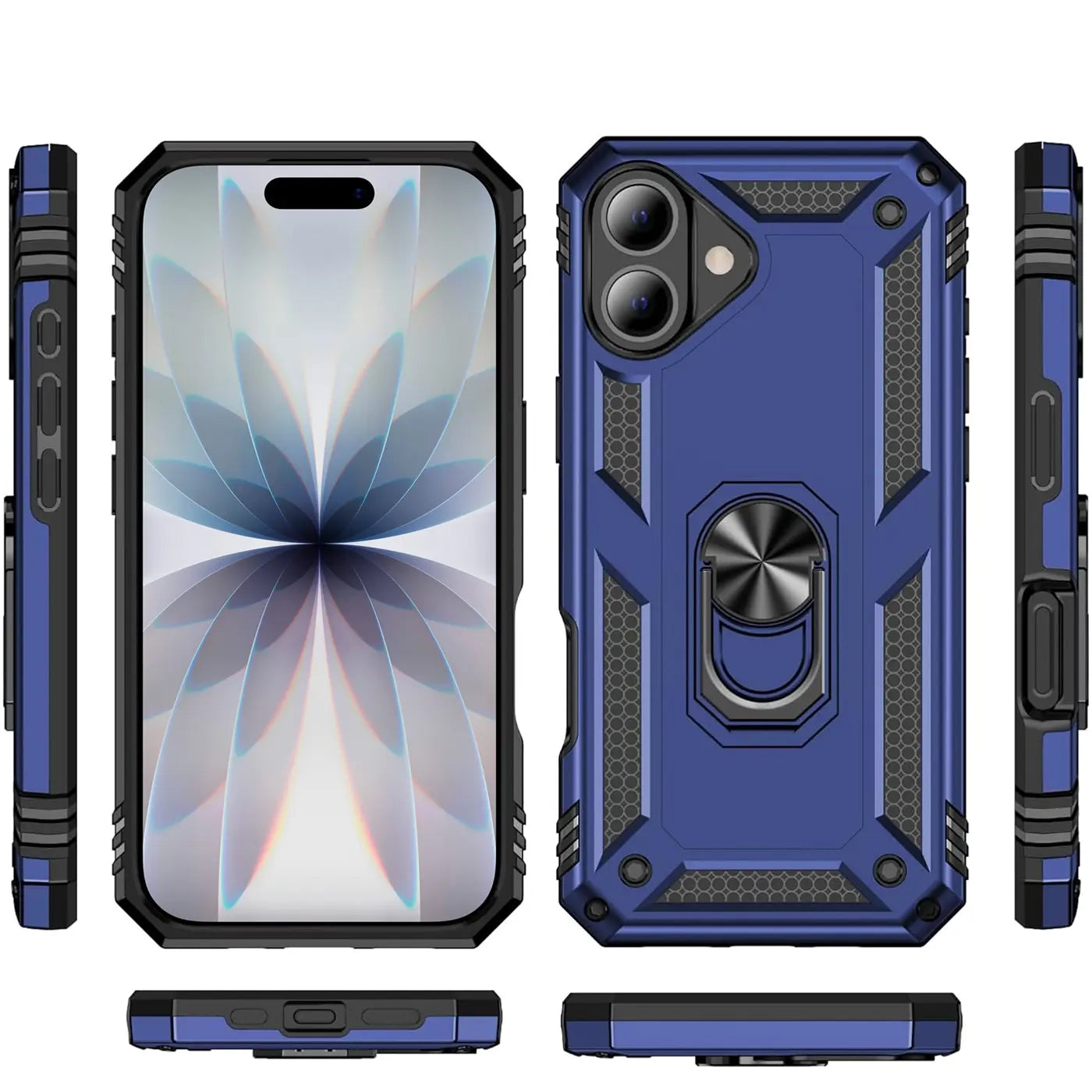 Blaue Hülle mit Ringhalter für iPhone 17, verschiedene Ansichten, Kunststoff/Metall