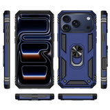 Blaue Hülle mit Ringhalter für iPhone 18 Pro Max, verschiedene Ansichten.