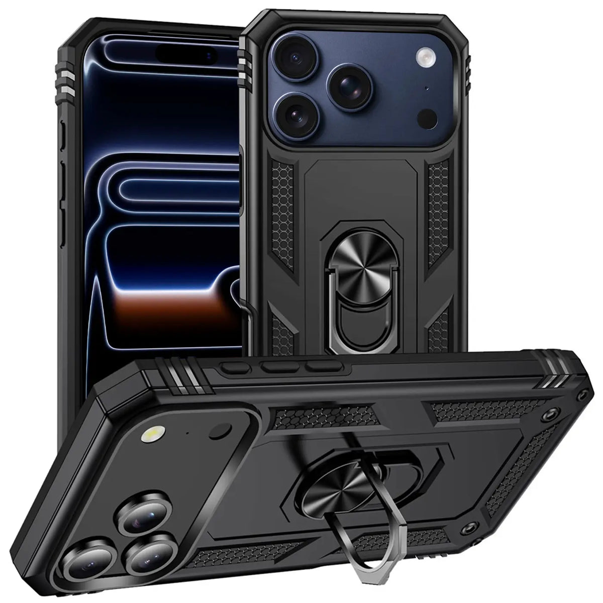 Schwarze Militärhülle aus Kunststoff mit Ringhalter für iPhone 18 Pro Max, Seitenansicht.