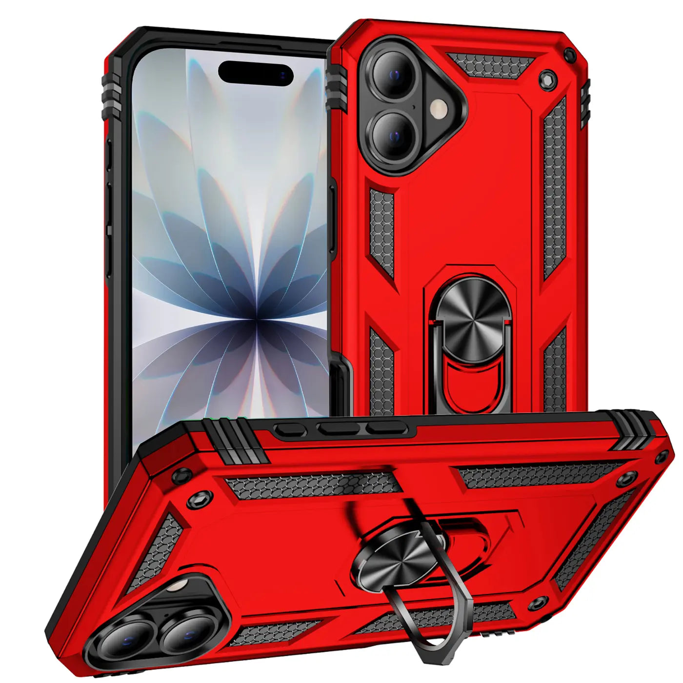 Rote Hülle mit Ringhalter für iPhone 17, aus Kunststoff, aus mehreren Winkeln gezeigt.