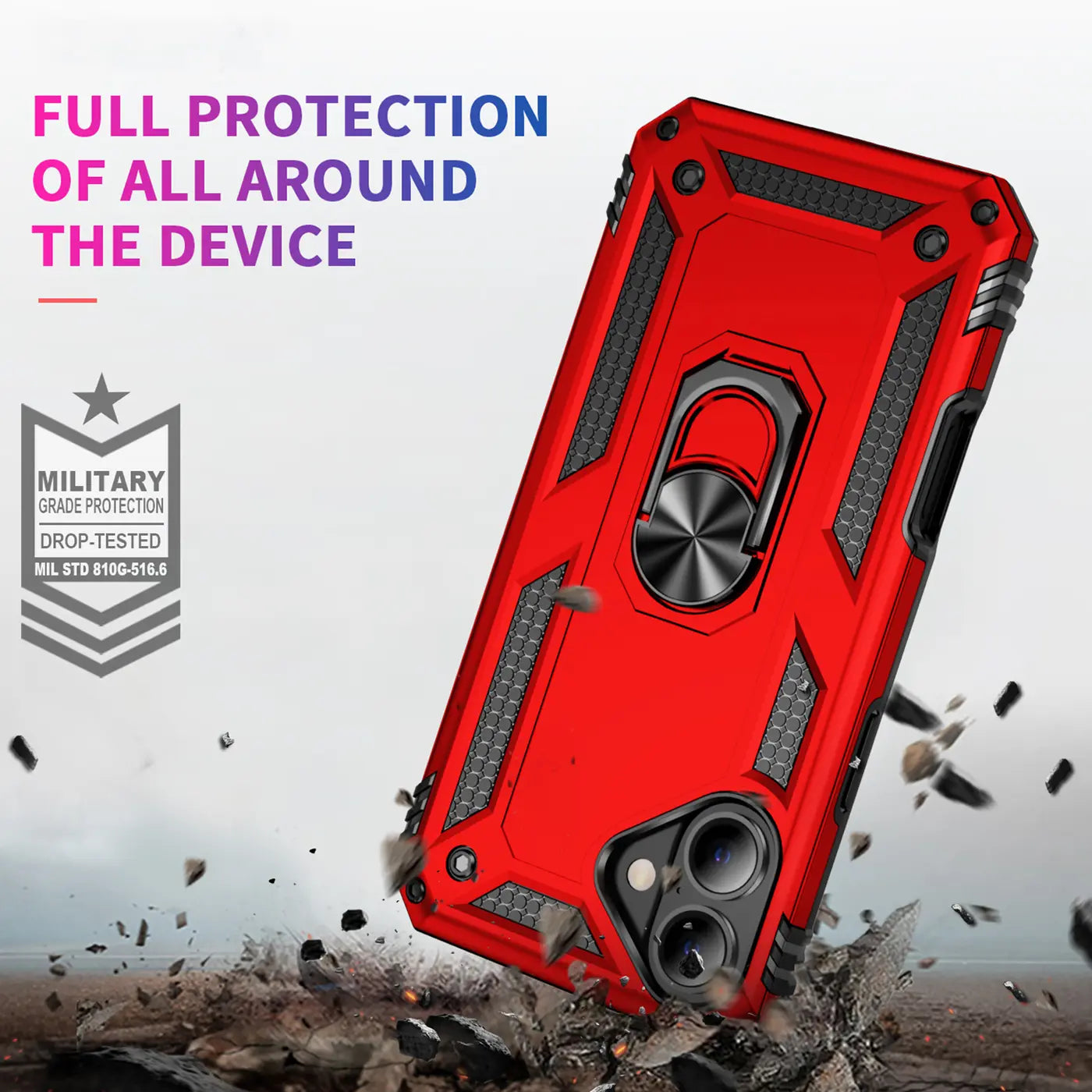Rote Militär-Hülle mit Ringhalter für iPhone 17, aus Kunststoff, von vorne schräg gezeigt.