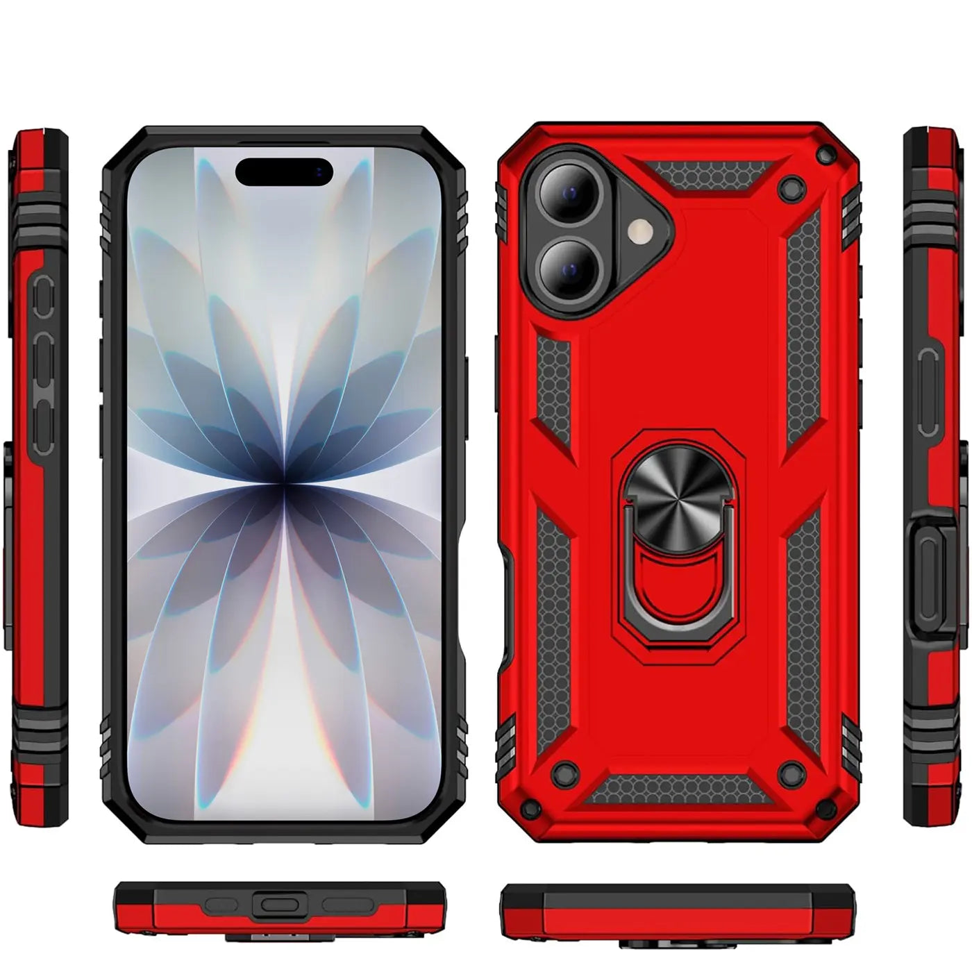 Rote Hülle mit Ringhalter für iPhone 17, verschiedene Ansichten.