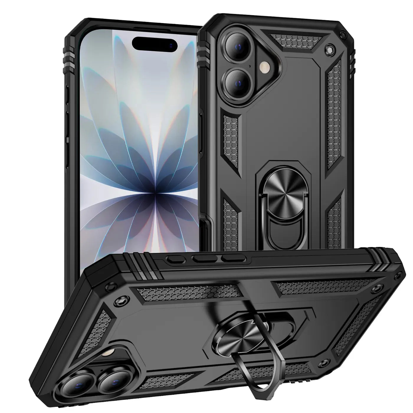 Schwarze Handyhülle aus robustem Material mit Ringhalter, zeigt iPhone 17, verschiedene Winkel