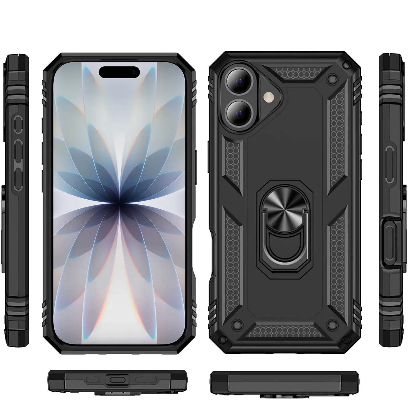 Schwarze Handyhülle aus Kunststoff mit Ringhalter, Vorder-, Rück- und Seitenansicht, zeigt iPhone 17.