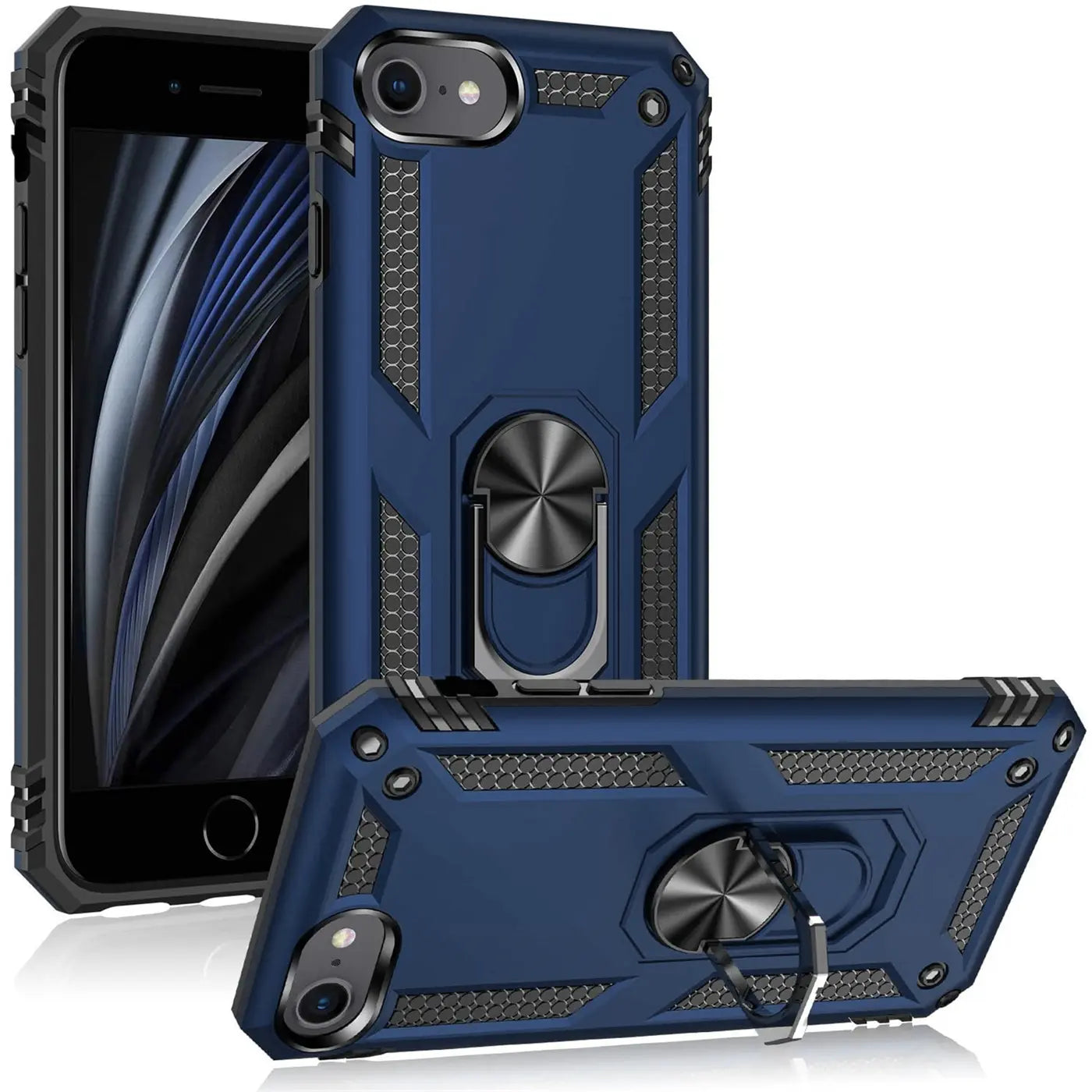 Blaue Hülle mit Ringhalter für iPhone 7/8/SE. Materialmix, Vorder- und Rückansicht.