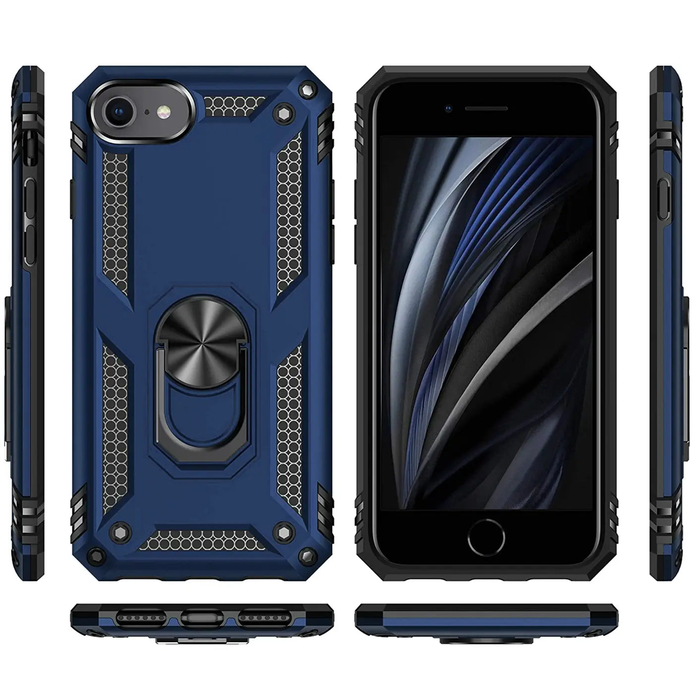 Blaue Hülle mit Ringhalter für iPhone 7/8/SE, verschiedene Ansichten.