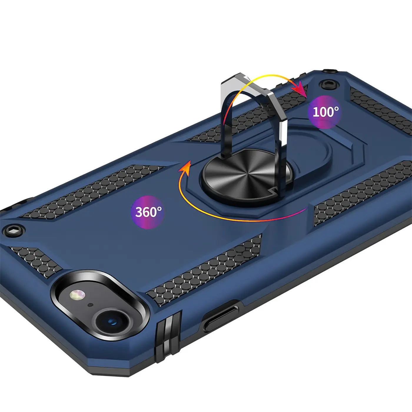 Dunkelblaue Hülle mit Ringhalter für iPhone 7/8/SE, von oben, mit 360°/100° Markierungen.