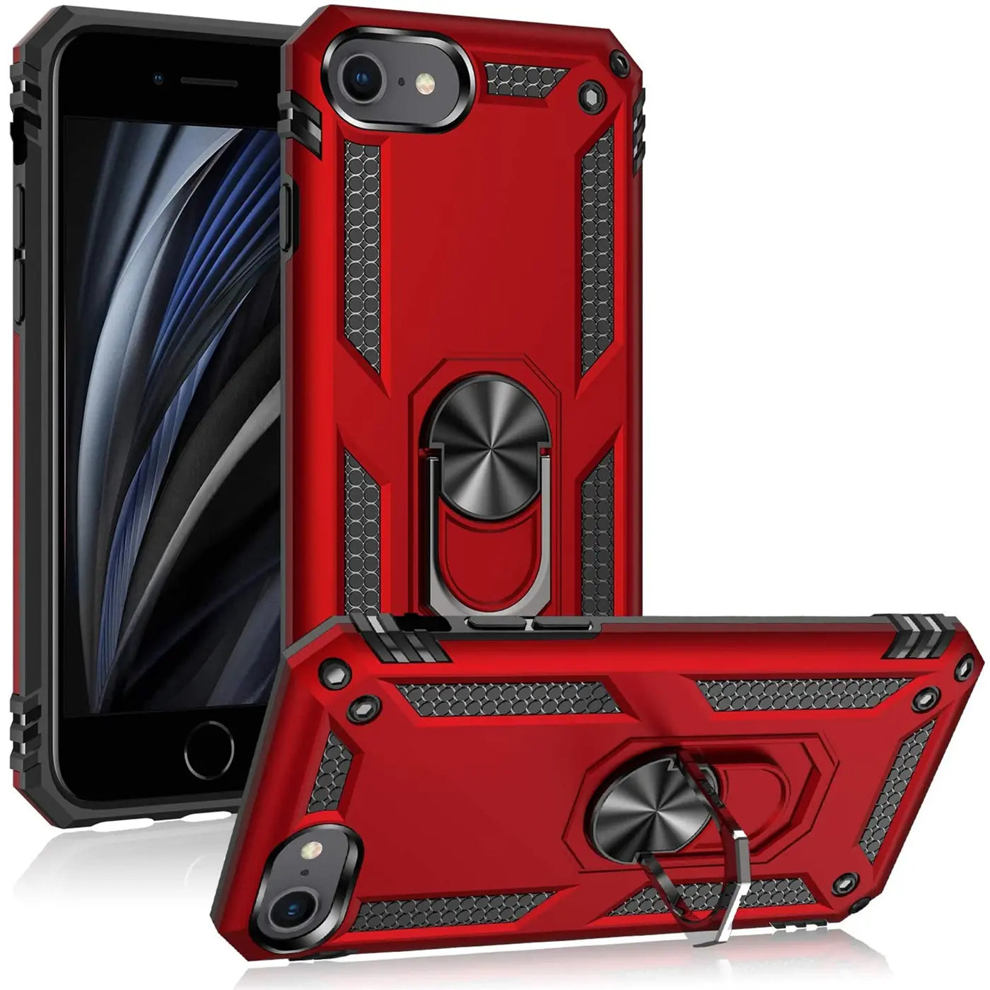 Rote Hülle mit Ringhalter für iPhone, von vorne und Seite, Metall/Kunststoff