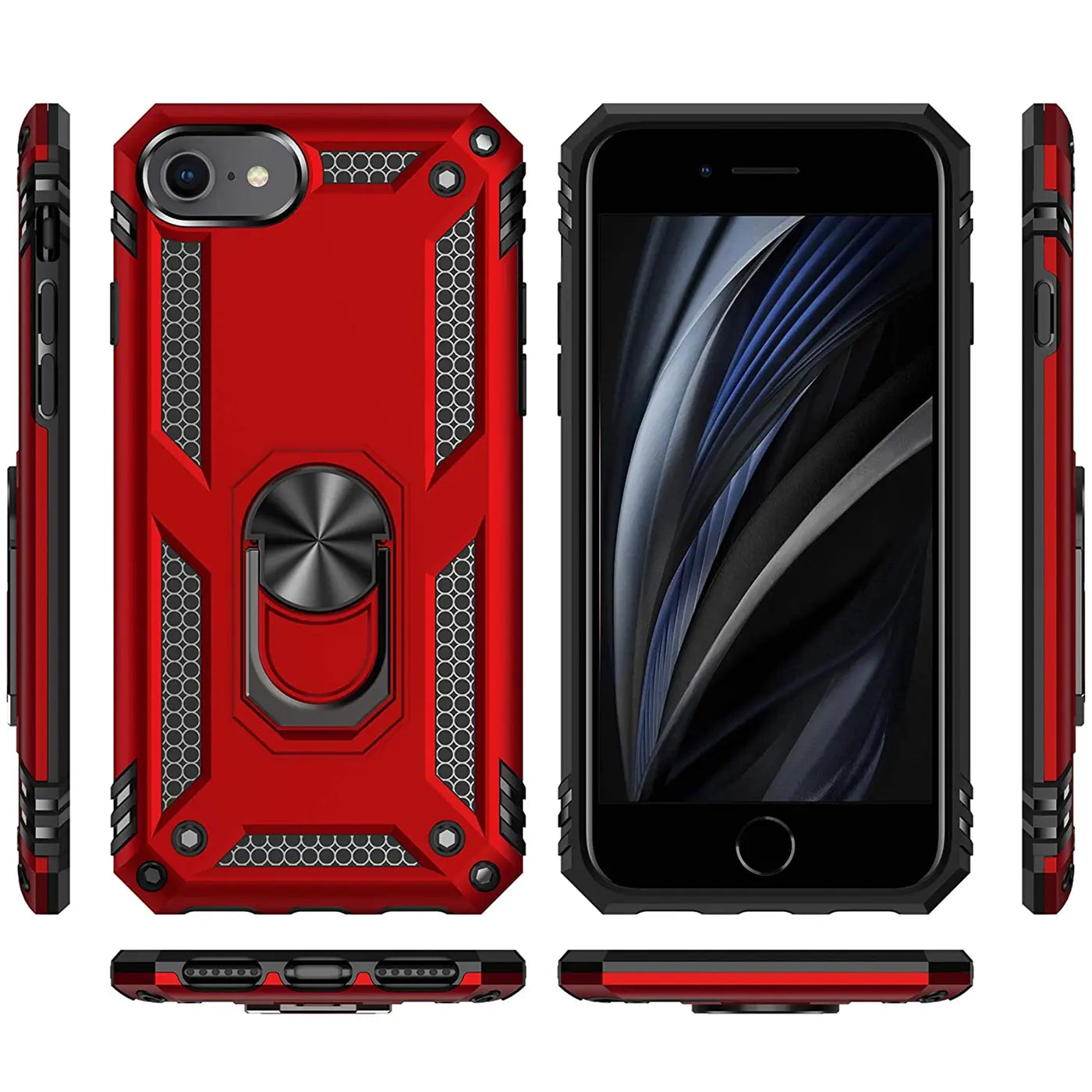 Rote Hülle mit Ringhalter für iPhone 7/8/SE, verschiedene Ansichten.
