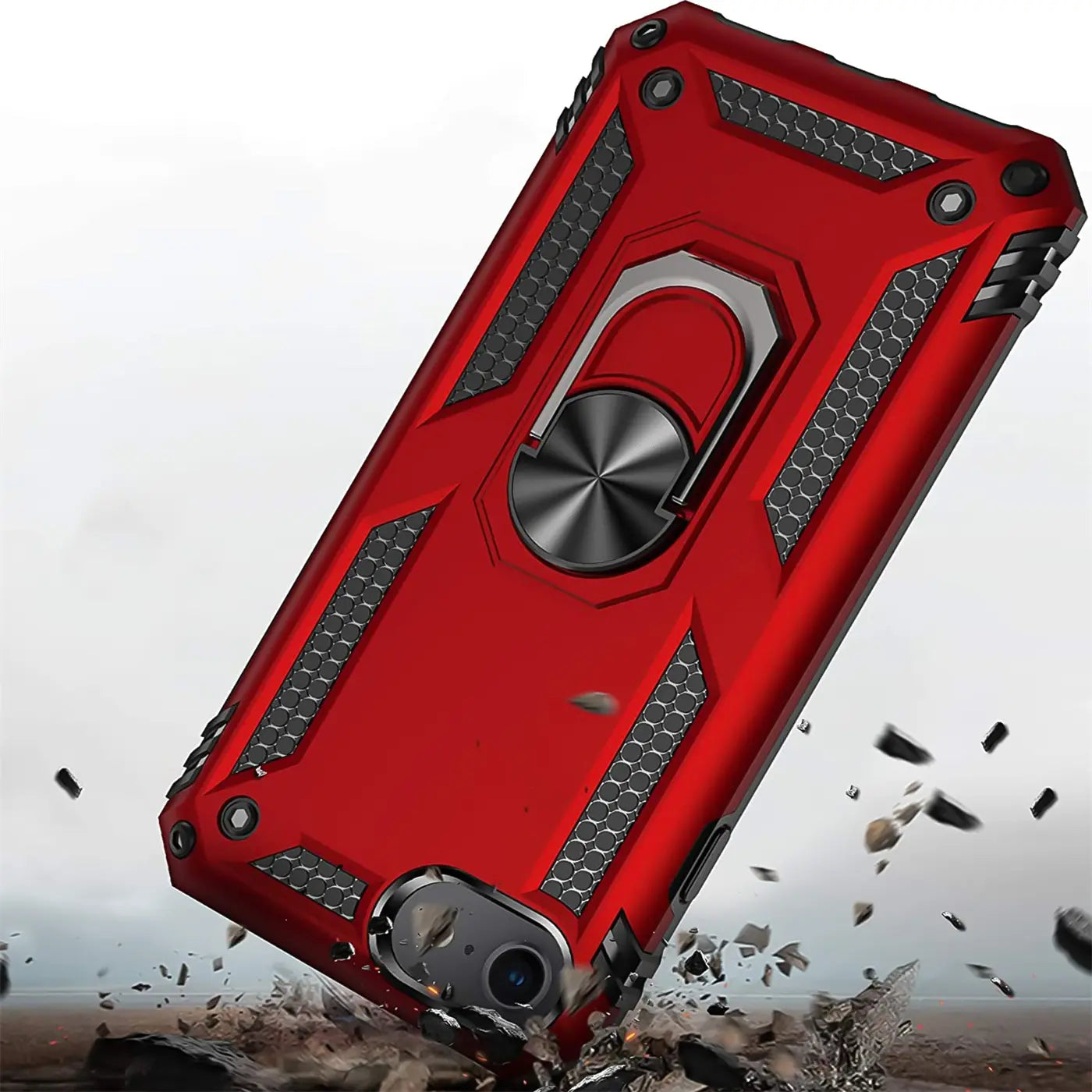 Rote Military Hülle mit Ringhalter für iPhone 7/8/SE, von schräg oben.