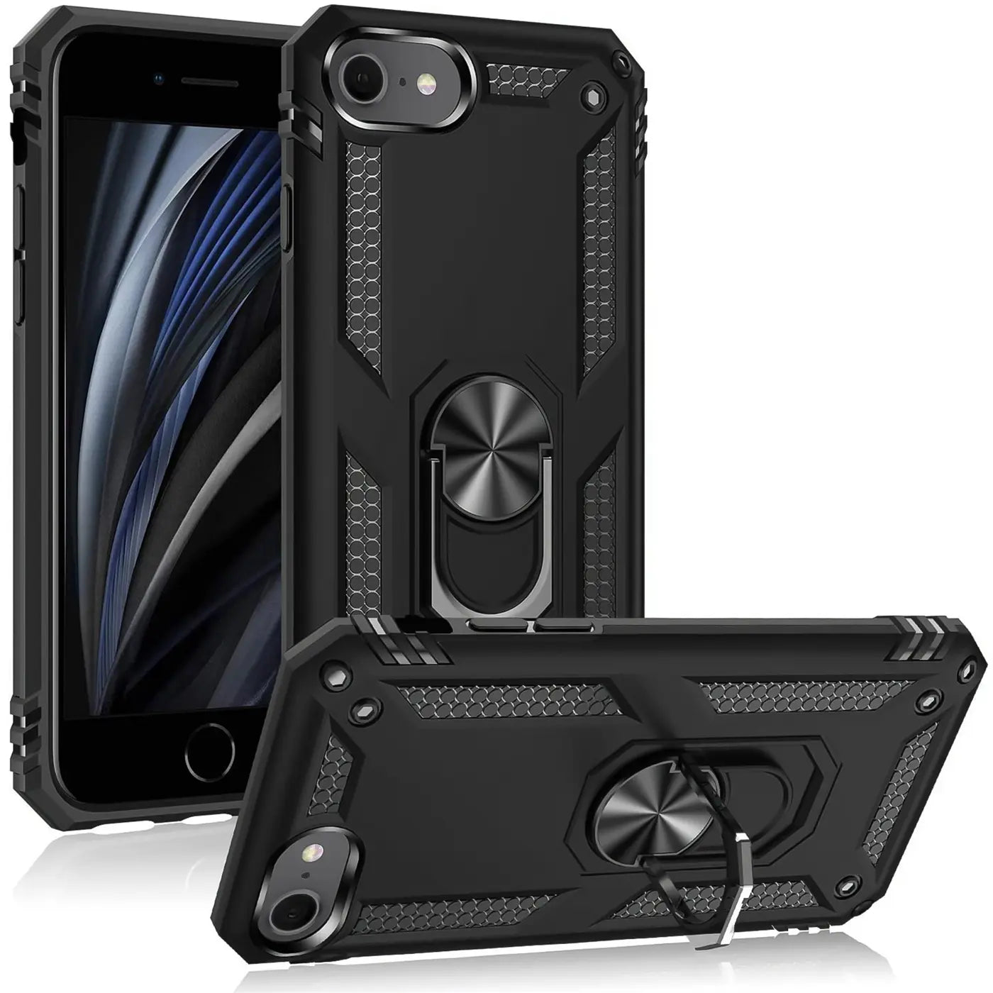 Schwarze Militär-Hülle mit Ringhalter für iPhone 7/8/SE, aus Kunststoff, von vorne/seitlich