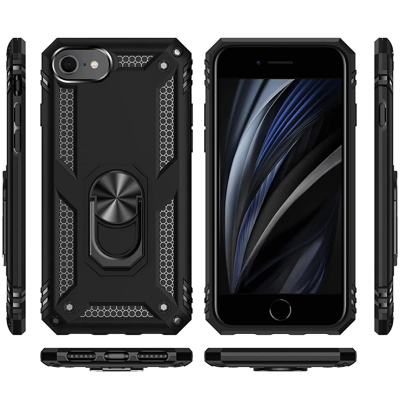 Schwarze Military-Hülle aus Kunststoff mit Ringhalter, zeigt iPhone 7/8/SE.