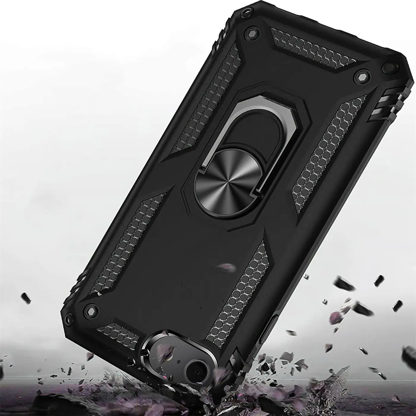 Schwarze Militär-Hülle mit Ringhalter, aus Kunststoff, von schräg oben, für iPhone 7/8/SE.