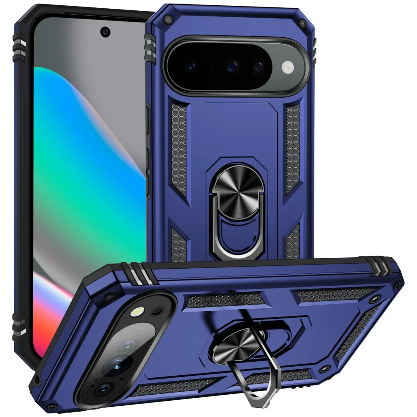 Dunkelblaue, robuste Handyhülle aus Kunststoff für Google Pixel 10 mit schwarzem Ringhalter, von hinten und seitlich.