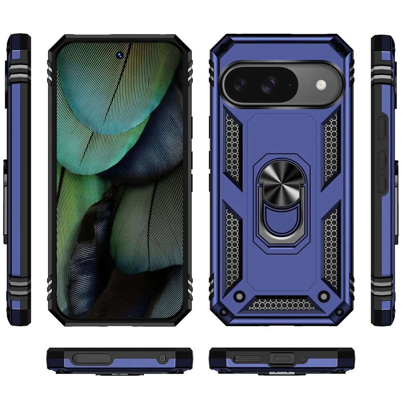 Blau-schwarze Military-Hülle aus Kunststoff/Metall für Google Pixel 10 mit Ringhalter, Vorder-, Rück- und Seitenansichten.