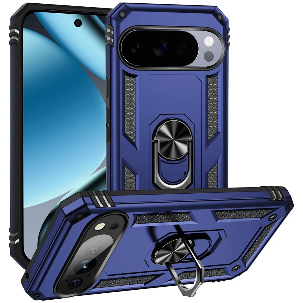 Drei blaue, robuste Google Pixel 10 Pro XL Hüllen mit Ringhalter, schräg von hinten und seitlich auf weißem Grund.