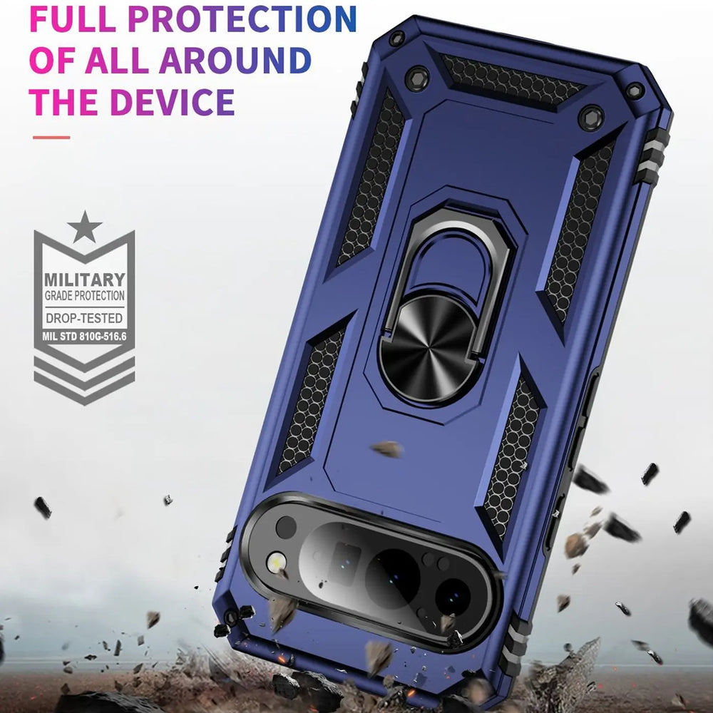 Dunkelblaue Military-Hülle aus Kunststoff für Google Pixel 10 Pro XL mit Ringhalter, schräg von oben.