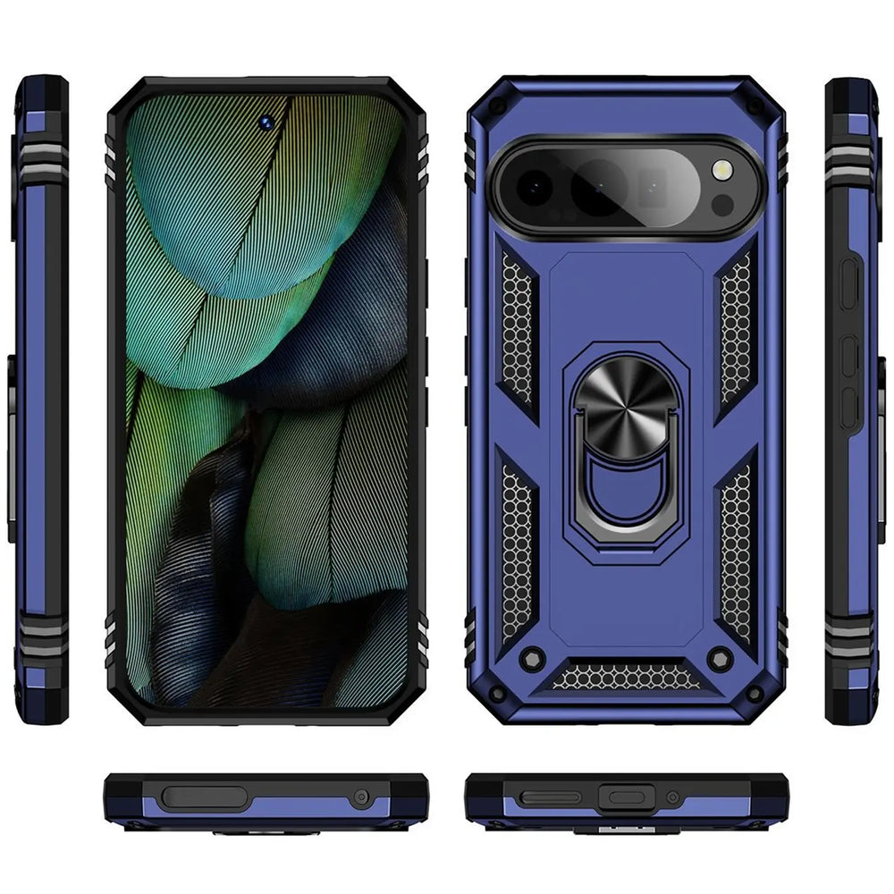 Blaue Military-Hülle mit Ringhalter für Google Pixel 10 Pro XL, von allen Seiten auf weißem Hintergrund.