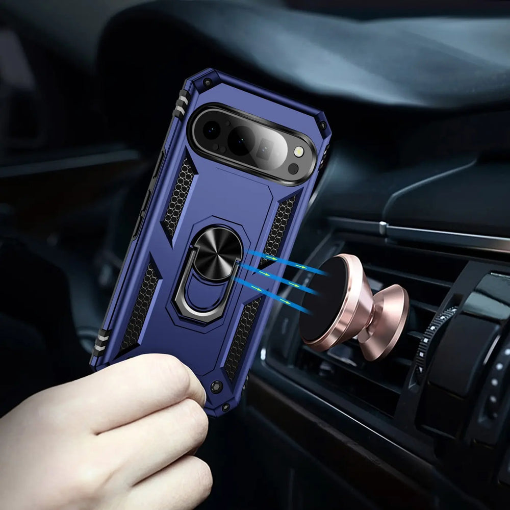 Hand hält blaues Google Pixel 10 Pro XL Case aus Kunststoff/Metall mit Ringhalter, der an einer roségoldenen Magnethalterung.