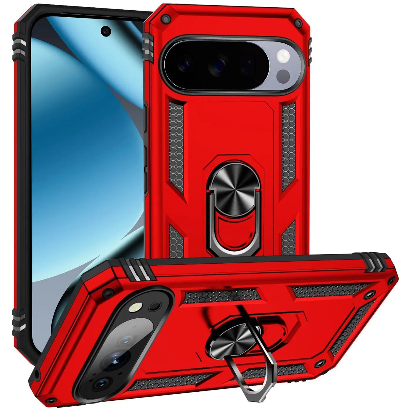 Rote Military-Hülle aus Kunststoff für Google Pixel 10 Pro XL mit schwarzem Ringhalter, von vorne und schräg unten.