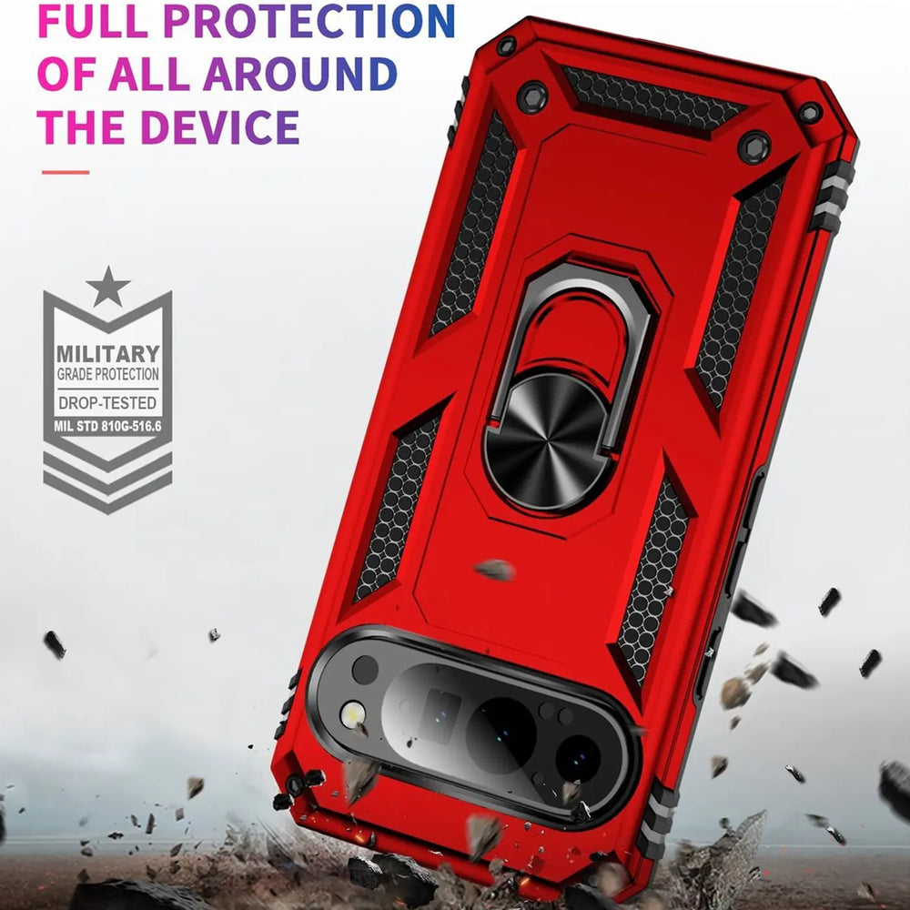 Rote Military-Hülle für Google Pixel 10 Pro XL aus Kunststoff/Metall mit Ringhalter, schräg von oben.