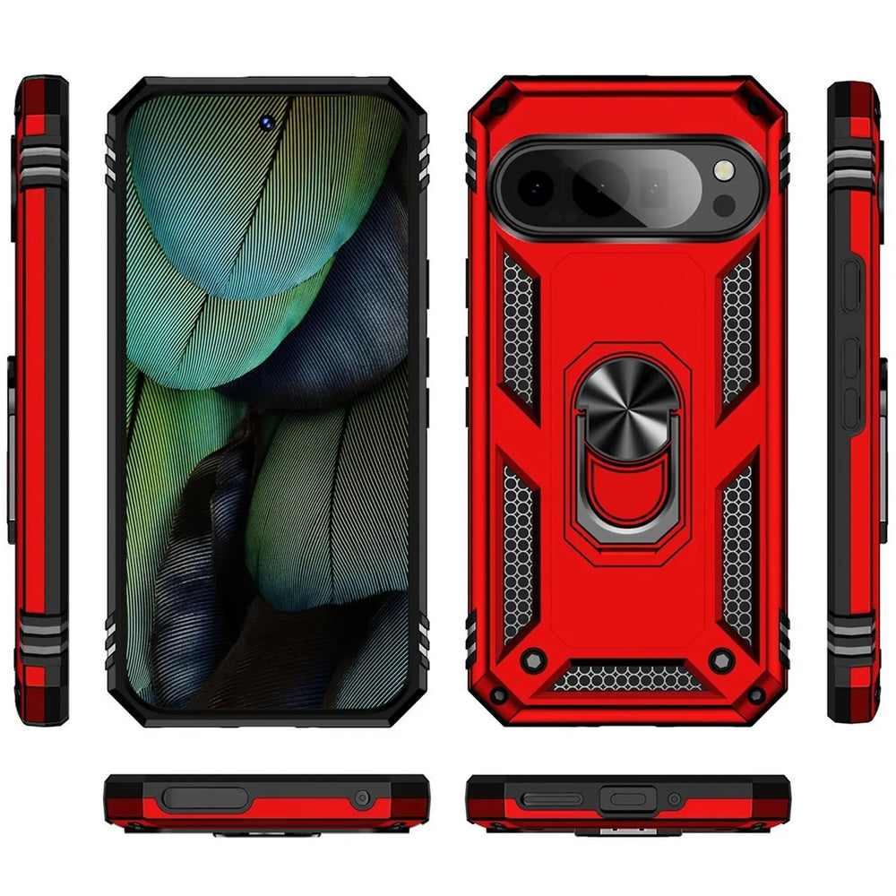 Rote, schwarze Military-Hülle aus Kunststoff für Google Pixel 10 Pro XL mit Ringhalter, von allen Seiten gezeigt.
