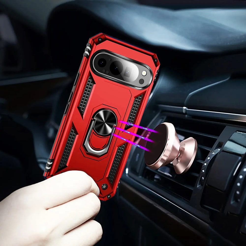 Rote Military-Hülle für Google Pixel 10 Pro XL mit Ringhalter, von Hand gehalten, an magnetischer Auto-Halterung.