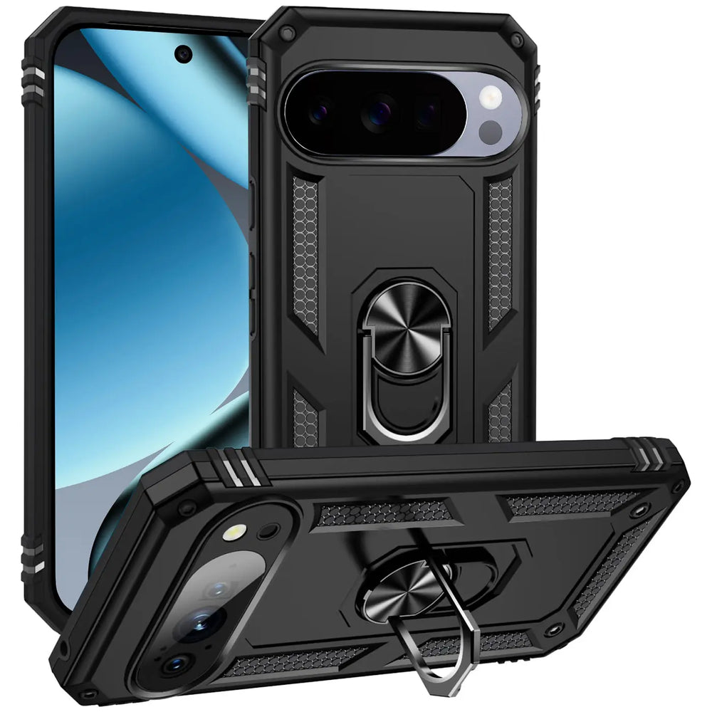 Drei schwarze, robuste Google Pixel 10 Pro XL Hüllen aus Kunststoff mit Ringhalter, von vorne, hinten und schräg.