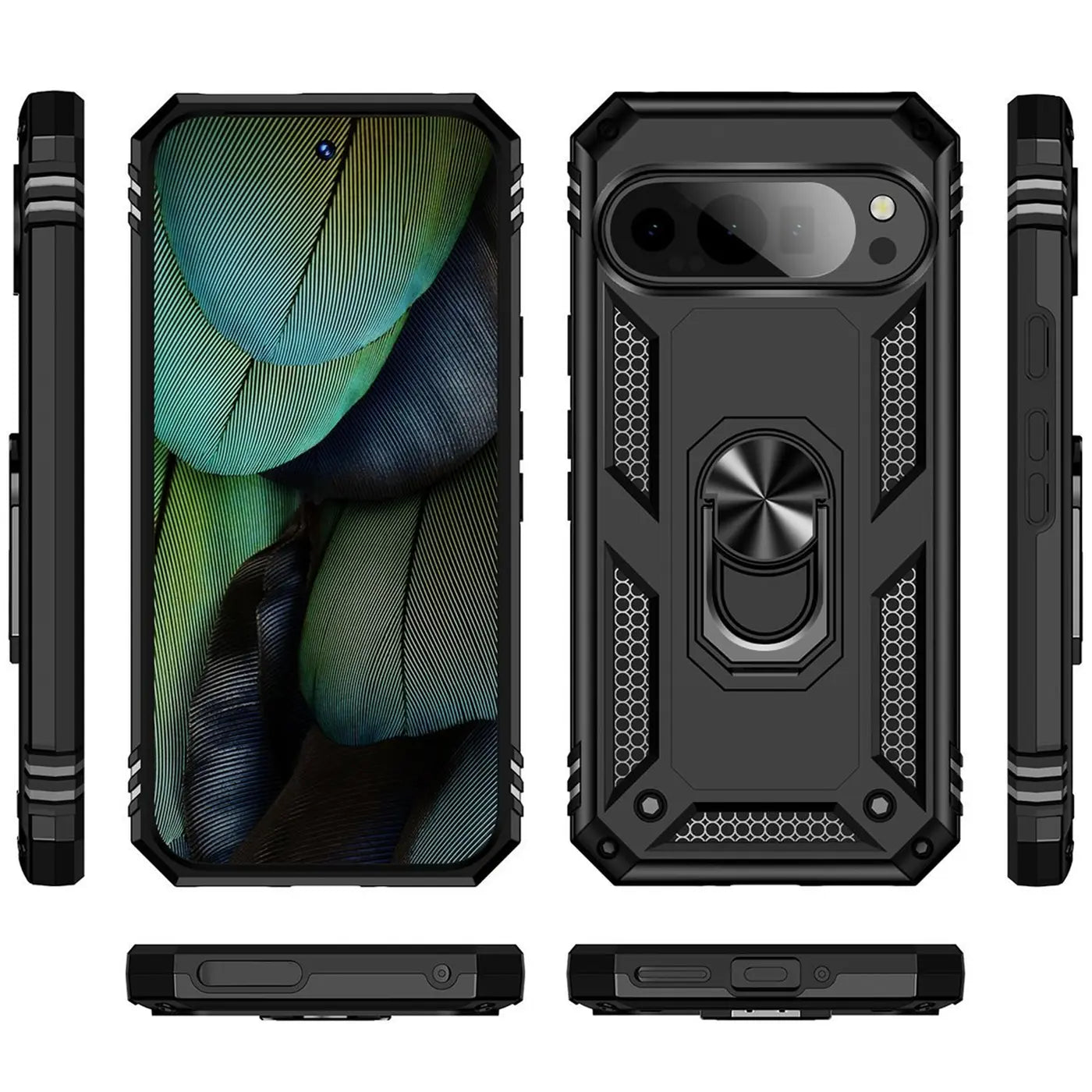 Sechs Ansichten einer schwarzen, robusten Google Pixel 7 Pro Hülle aus Kunststoff mit Ringhalter.