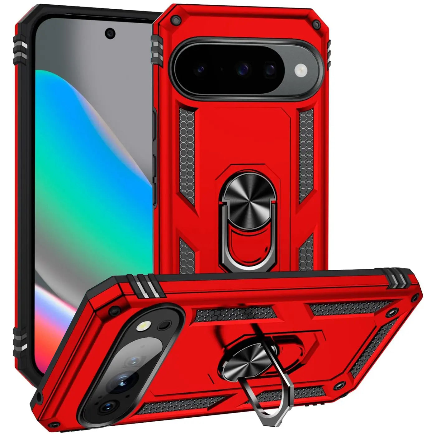 Rote Military-Hülle aus Kunststoff für Google Pixel 10 mit Ringhalter, stehend und liegend von hinten/oben.