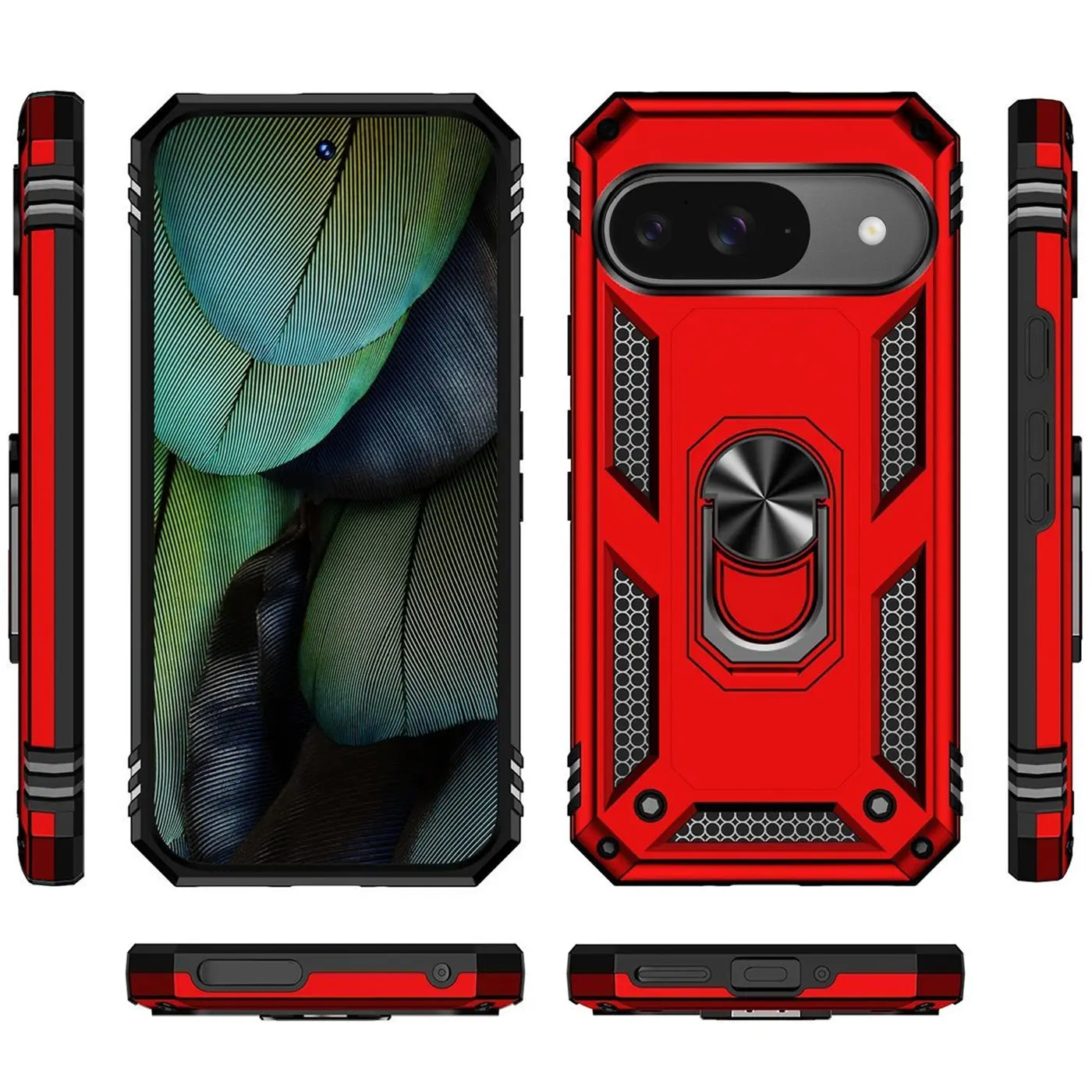 Rote, schwarze Military-Hülle aus Kunststoff/Metall für Google Pixel 10 mit Ringhalter, Ansichten von vorne, hinten, Seite.