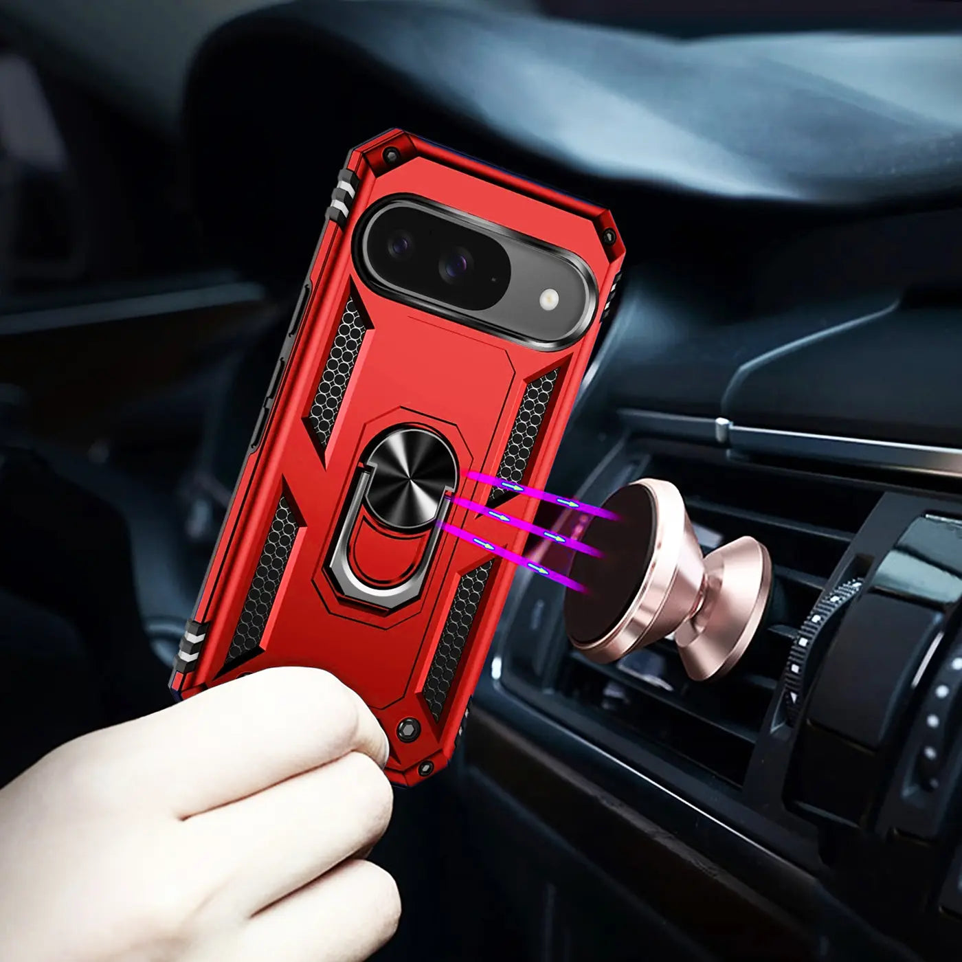Rote Military-Hülle aus TPU/PC für Google Pixel 10 mit Ringhalter, magnetisch an Lüftungsschlitz-Halterung.