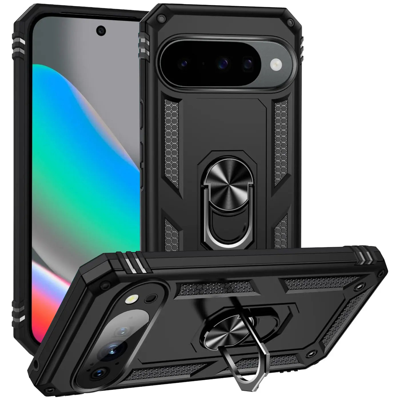 Schwarze, robuste Handyhülle mit Ringhalter für Google Pixel 10. Rückseite und Unterseite schräg von oben.