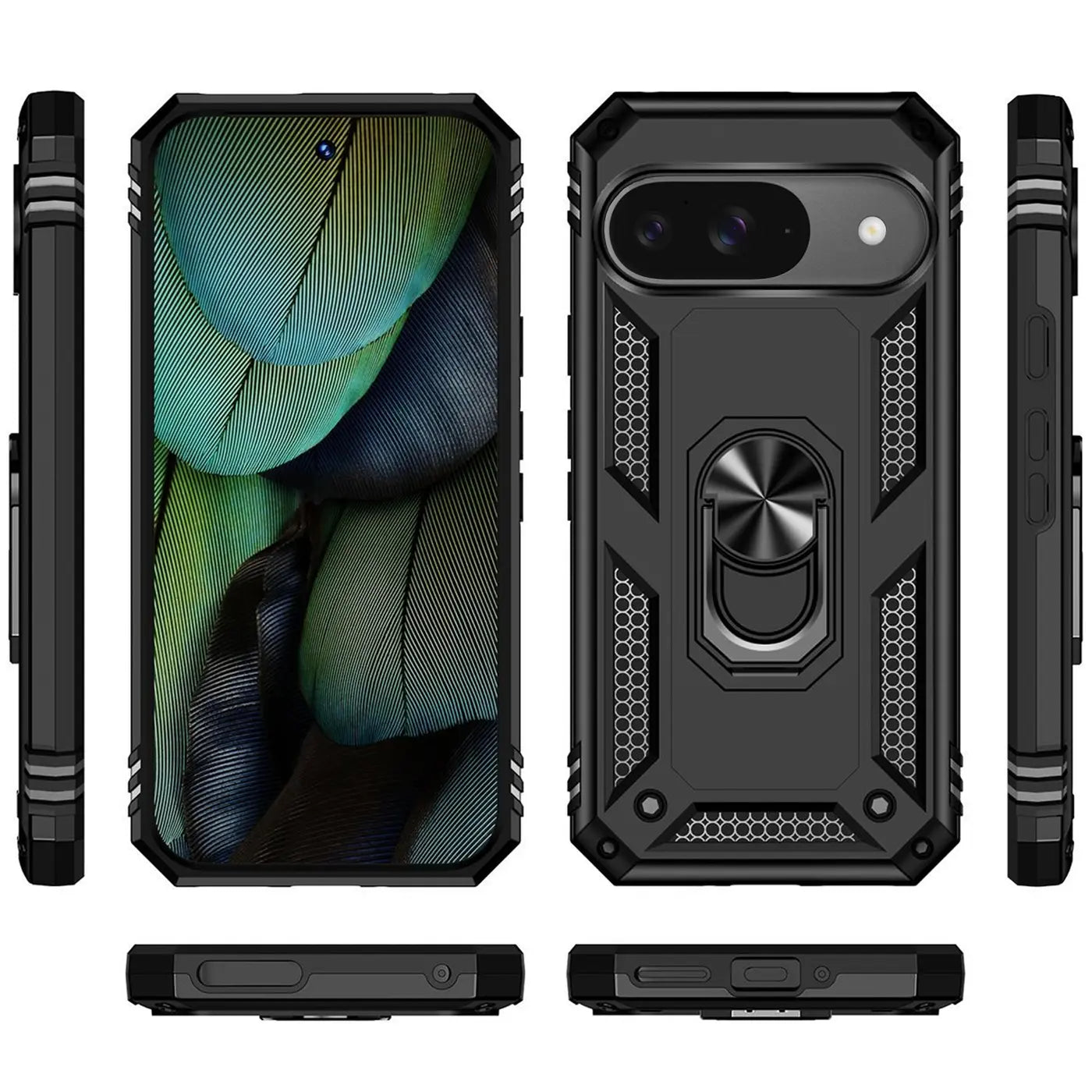 Schwarze, robuste Military-Hülle aus TPU/PC für Google Pixel 10 mit Ringhalter, von allen Seiten gezeigt.