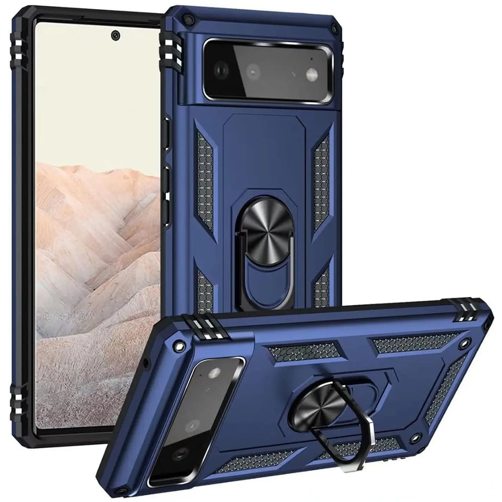 Dunkelblaue Military-Hülle aus Kunststoff für Google Pixel 6, mit Ringhalter, von vorne und schräg von hinten.