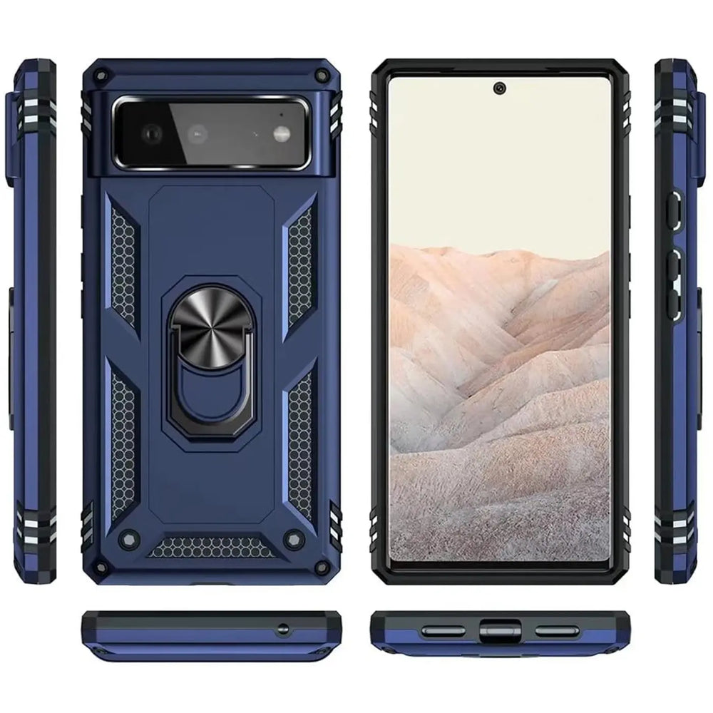 Dunkelblaue Military-Hülle aus Kunststoff und Metall für Google Pixel 6 mit Ringhalter, in verschiedenen Ansichten.