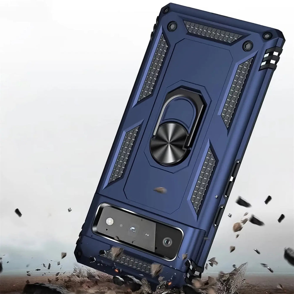 Dunkelblaue Military-Hülle aus Kunststoff für Google Pixel 6, mit Ringhalter, schräg von hinten oben.