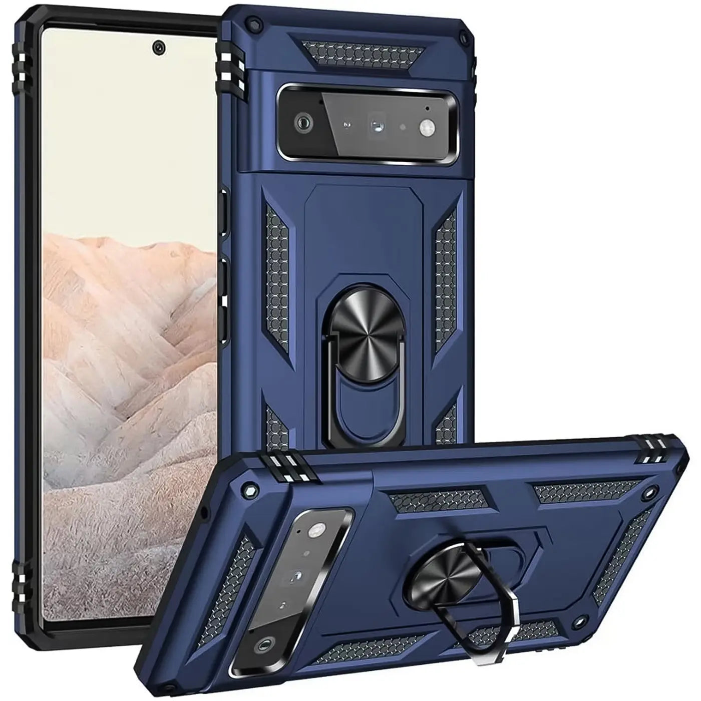 Dunkelblaue Military-Hülle aus Kunststoff und Metall für Google Pixel 6 Pro, mit Ringhalter, schräg von hinten.