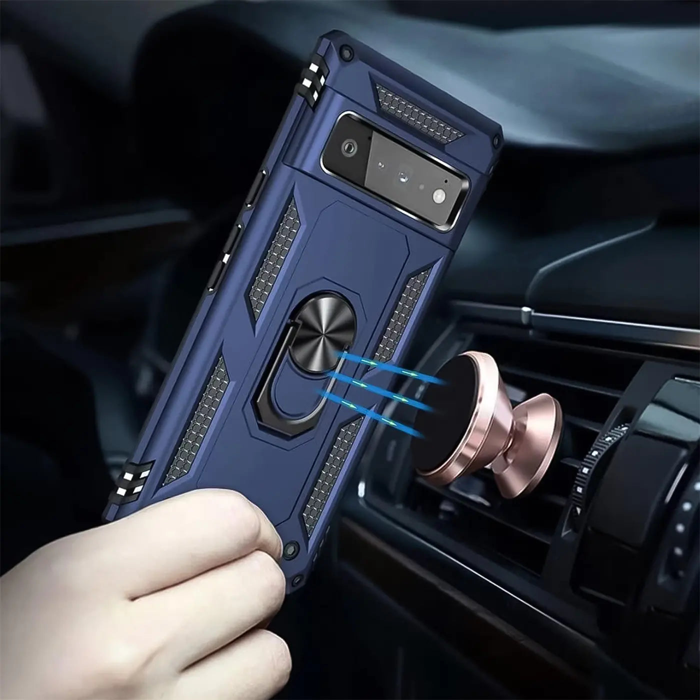 Blaues Google Pixel 6 Pro in einer Military-Hülle mit Ringhalter, der an einer magnetischen Autohalterung befestigt ist.