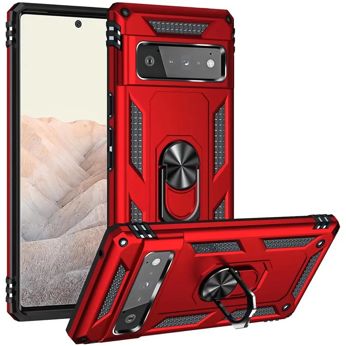 Rote Military Hülle aus Kunststoff und Metall für Google Pixel 6 Pro, mit Ringhalter, von oben und seitlich.