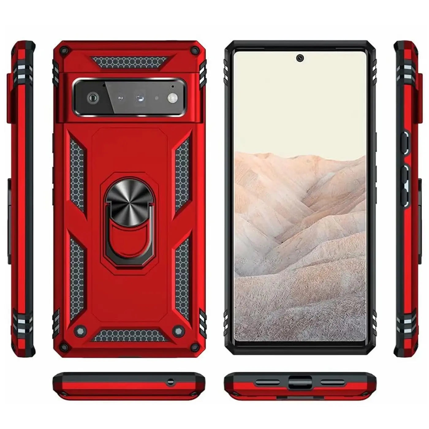 Rote, robuste Kunststoffhülle mit Ringhalter für Google Pixel 6 Pro, von allen Seiten und mit Displayansicht.