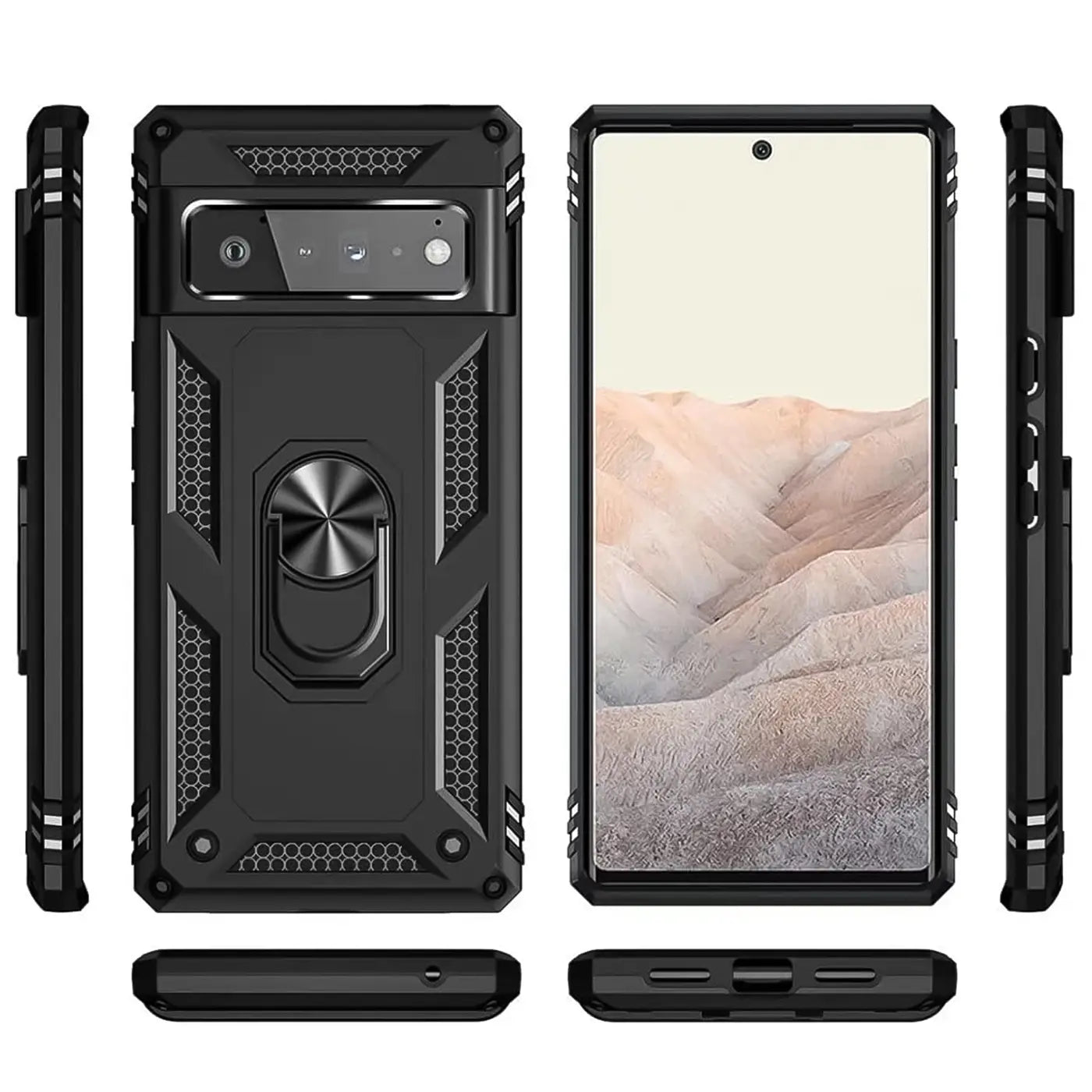 Schwarze, robuste Kunststoff-Hülle für Google Pixel 6 Pro mit Ringhalter, von allen Seiten und Winkeln gezeigt.