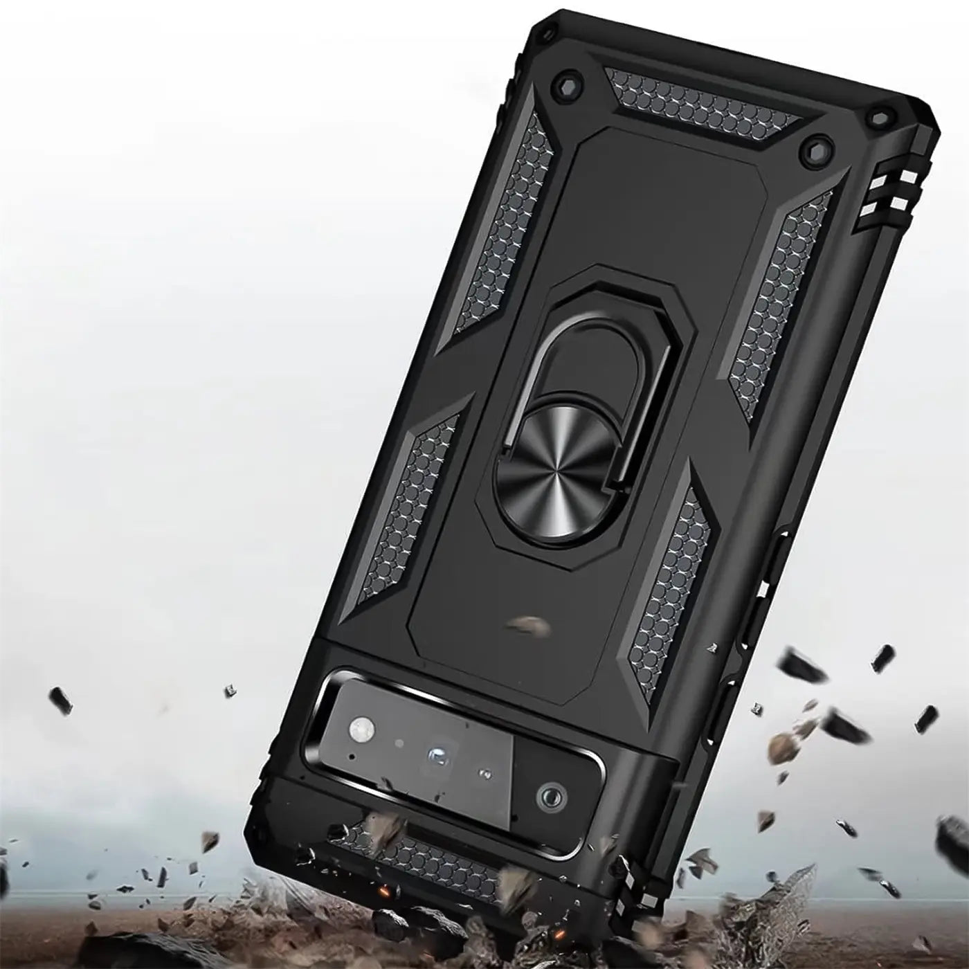 Schwarze Military-Hülle aus Kunststoff für Google Pixel 6 Pro mit integriertem Ringhalter, schräg von oben.