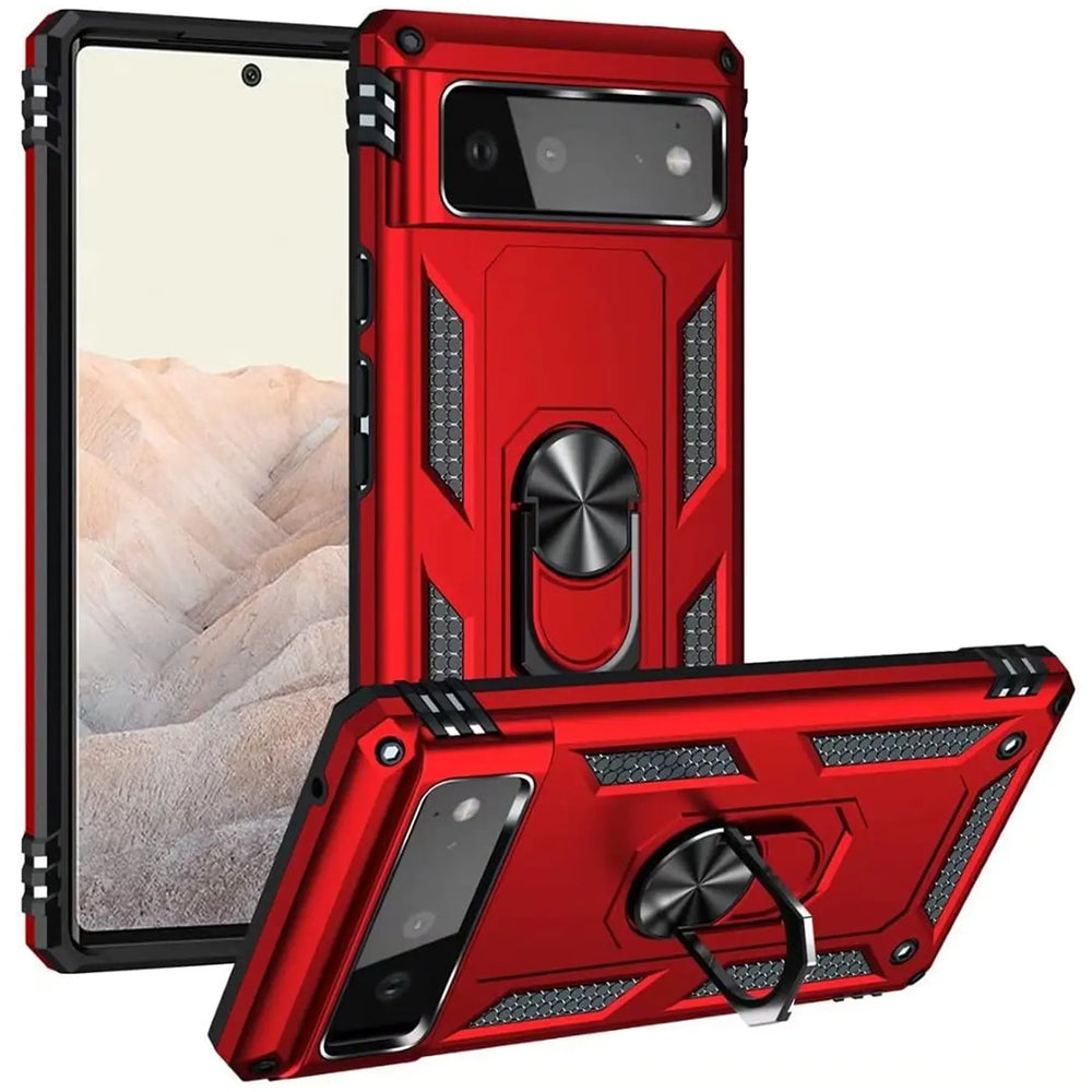 Rote Military-Hülle aus Kunststoff und Metall für Google Pixel 6 mit Ringhalter, stehend und liegend von schräg oben.