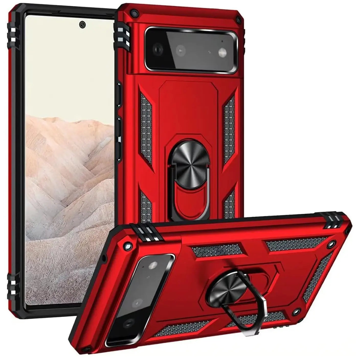 Rote Military-Hülle aus Kunststoff und Metall für Google Pixel 6 mit Ringhalter, stehend und liegend von schräg oben.