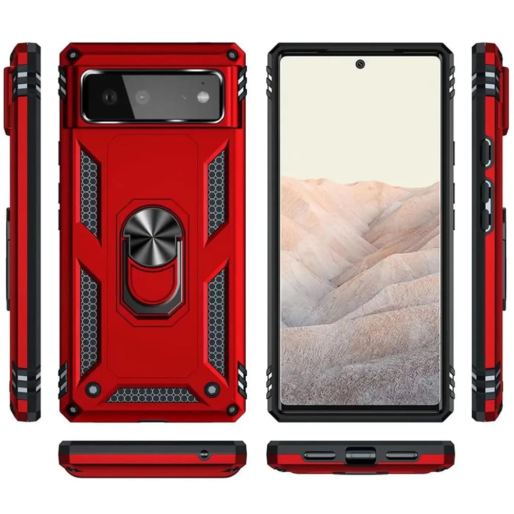 Rote, robuste Google Pixel 6 Hülle aus Kunststoff und Metall mit Ringhalter, von allen Seiten und mit Displayansicht.