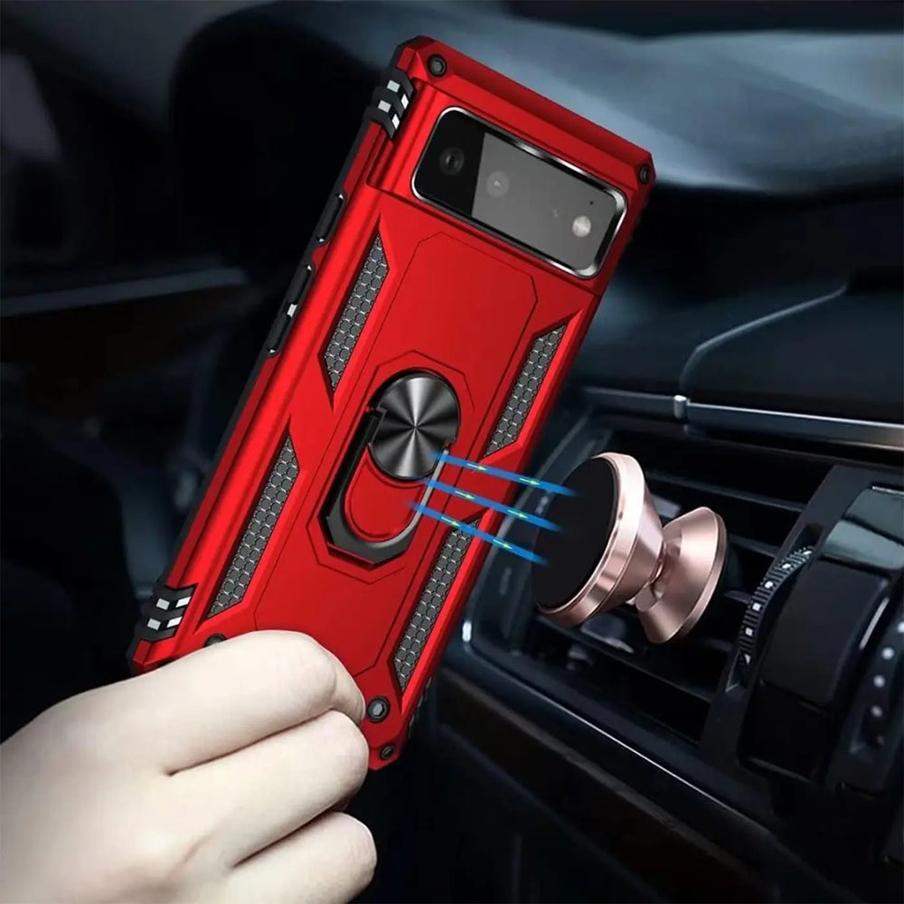 Rote Military-Hülle aus Kunststoff für Google Pixel 6 mit Ringhalter, der an einer magnetischen Autohalterung haftet.